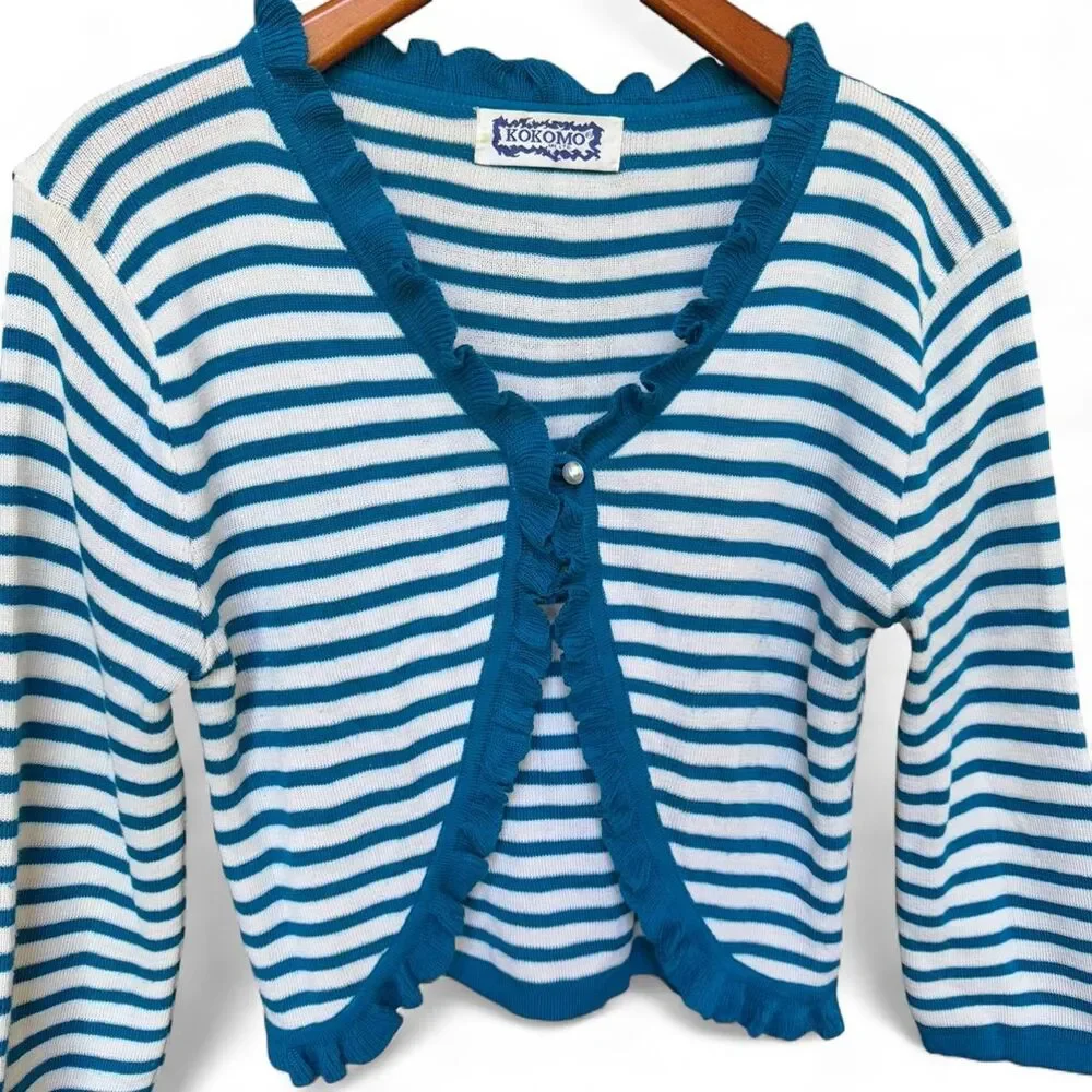 Vintage Kokomo Ltd. Blue & White Striped Ruffled Cardigan size L/XL